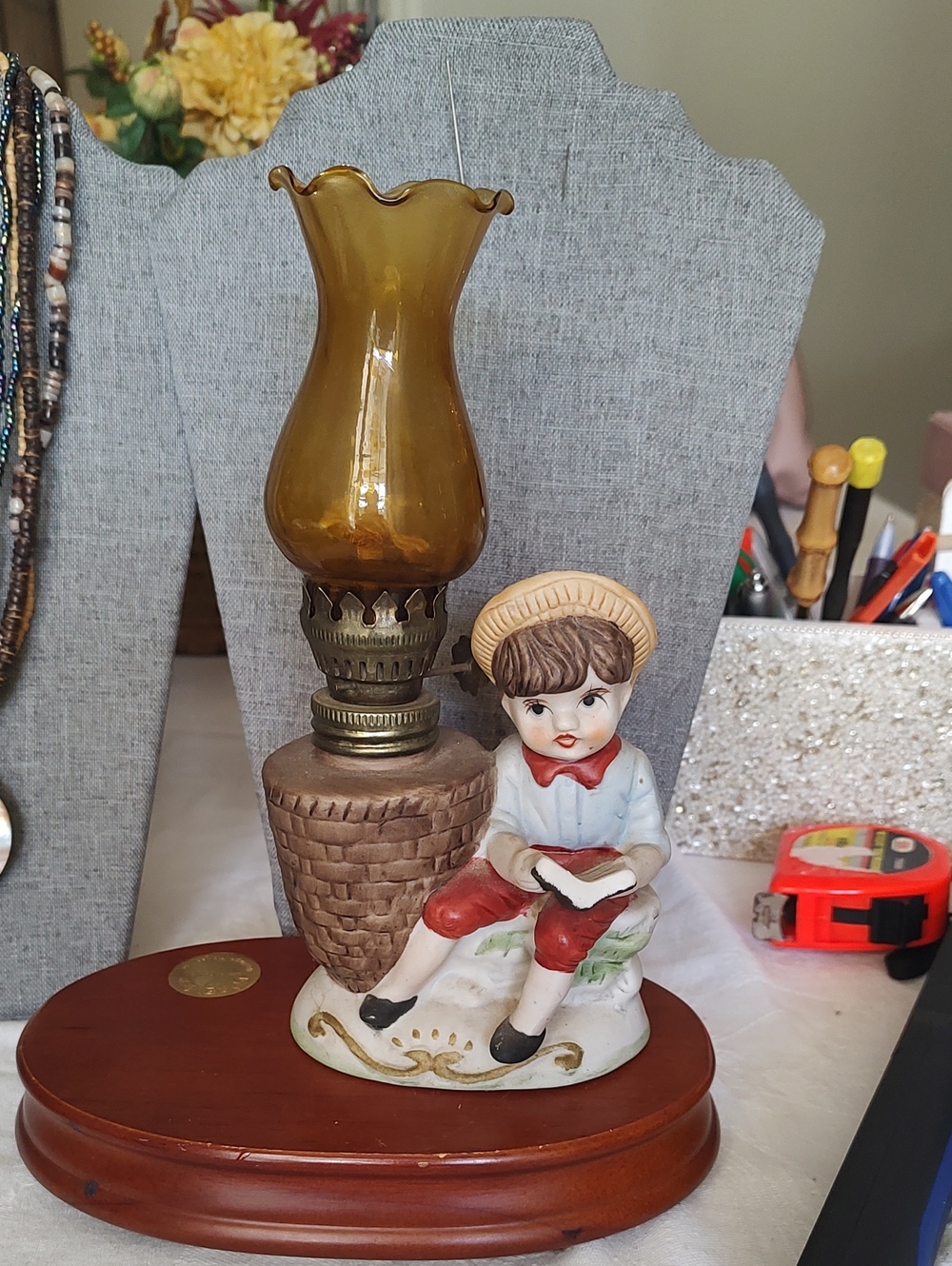 Vintage Oil Lamp Boy Reading Book Ceramic Figurine Amber Glass Chimney Not Burnt
